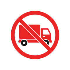 Prohibition road sign for no trucks or heavy goods vehicles. A red circular symbol with a lorry icon crossed out, indicating traffic restriction.