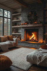 Fototapeta premium A crackling fireplace illuminates a cozy living room with a large window.