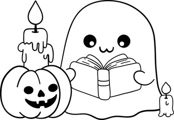 ghost reading by candlelight in kid friendly halloween outline cartoon style