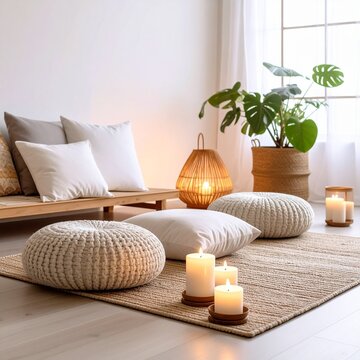 Rinc&oacute;n de meditaci&oacute;n con cojines en el suelo, velas encendidas, difusor de aromas, planta de interior, luz suave, sin personas, ambiente relajante, decoraci&oacute;n minimalista japonesa