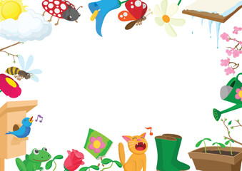 Colorful spring gardening frame with singing animals, flowers, plants, gardening tools and melting snow