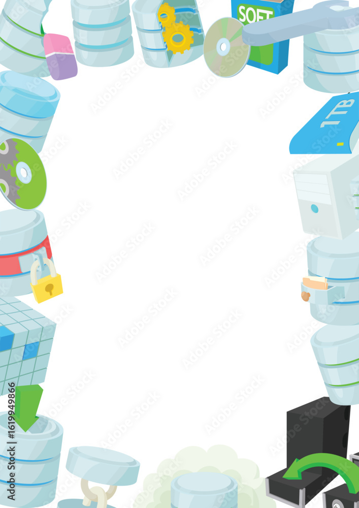 Poster cartoon database maintenance frame with software, hardware and tools surrounding a white empty space
