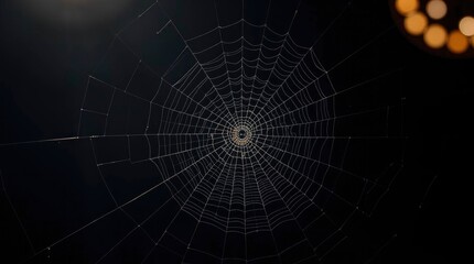 Fototapeta premium A spiderweb with radial and spiral threads is centered against a dark background illuminated by light