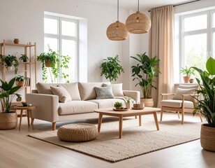 Fototapeta premium Sala de estar escandinava minimalista, sofá beige, alfombra de lana, mesa de café de madera clara, plantas verdes, luz natural entrando por la ventana, sin personas