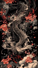 An elegant illustration of a celestial East Asian dragon coiled among vibrant red peony flowers and dark, swirling clouds.