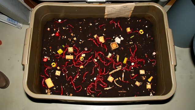Vermicompost bin with red wigglers and food scraps