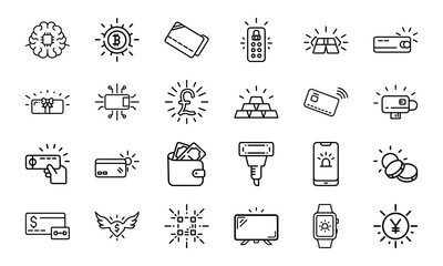 Fototapeta premium A Comprehensive Set of 24 Finance and Technology Line Icons Featuring Cryptocurrency, Banking, Security, Mobile Payments, and Digital Wallets