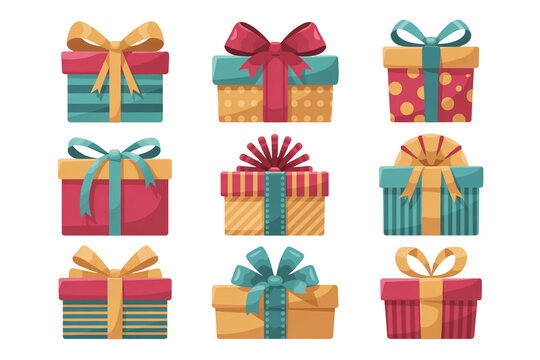 set of nine flat design stacked gift box illustrations in 3x3 grid with colorful schemes