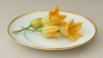 Fresh squash blossom flower on refine ceramic plate with gold rim.