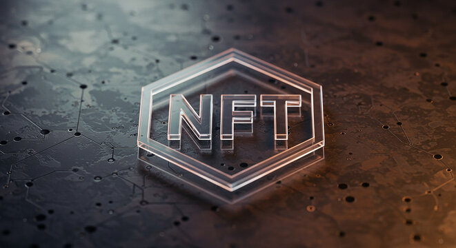 Transparent hexagonal nft logo emblem with a textured dark background