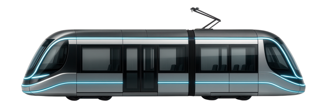 Modern two-section tram featuring streamlined front and rear sections
