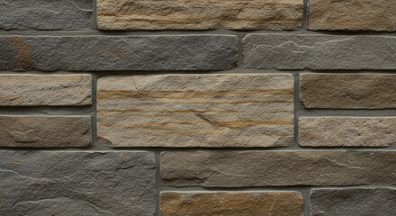 A textured close-up showcases a rustic brick wall with varying shades of brown, gray, and green, creating a natural and weathered appearance.