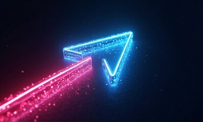 Glowing neon arrow points upward, emitting vibrant pink and blue light trails against a dark background.  The arrowhead is detailed and bright, creating a dynamic, futuristic feel.