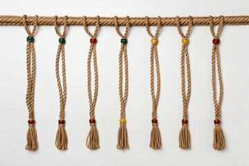 Beige Rope Quipu Knot System with Red Green Yellow Beads