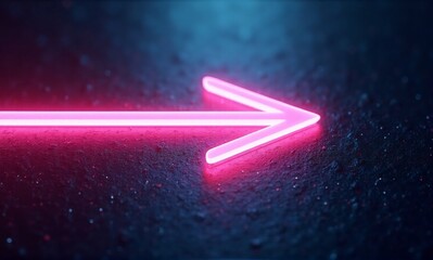 A vibrant pink neon arrow points right, glowing on a dark, wet surface.  The arrow's light reflects, creating a dramatic effect.