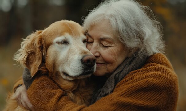 Senior woman cuddling a dog. The elderly female pensioner hugs her happy, fluffy golden retriever, highlighting the emotional bond shared between them. This candid moment, Generative AI