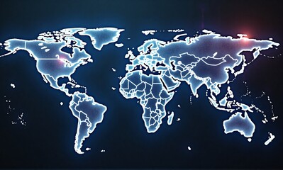 A glowing, futuristic world map with illuminated country borders.  A digital representation of global connectivity.