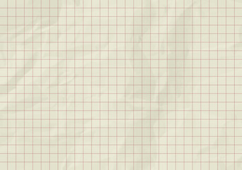 Paper background with red grid and creased texture, checkered sheet. Blank page of school notebook
