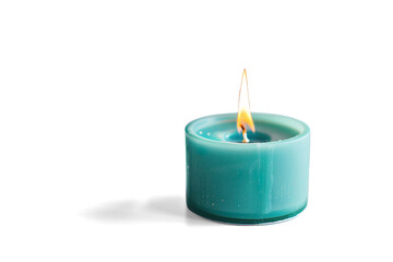 Teal Candle Burning on Laptop Keyboard Cozy Workspace on a transparent background