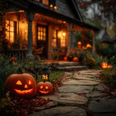 Cozy Halloween House with Carved Pumpkins and Lanterns