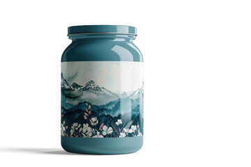 Teal Jar with Floral Mountain Landscape Label on a transparent background