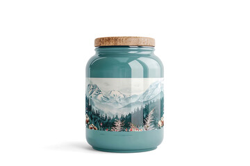 Teal Jar with Floral Mountain Landscape Label on a transparent background