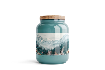 Teal Jar with Floral Mountain Landscape Label on a transparent background