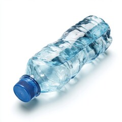 Crushed plastic water bottle with blue cap on white background