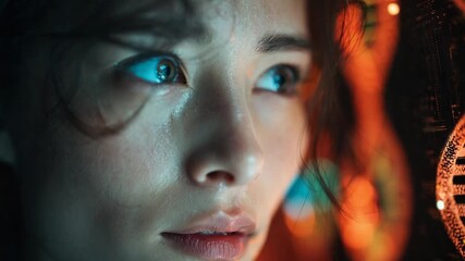 A close-up shot shows a woman looking up with sweat on her face, her eyes reflecting a glowing, blue-toned double helix - Powered by Adobe