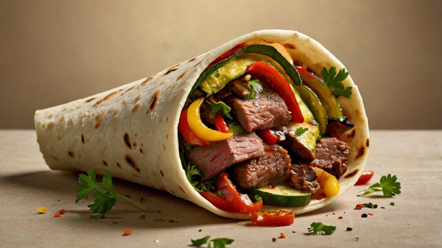 Hearty beef and vegetable wrap with fresh ingredients steak peppers