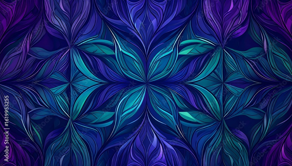 Poster abstract symmetrical pattern of flowing, layered shapes in deep blues and purples