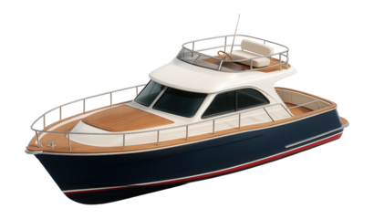 Classic yacht with a flybridge and wooden trim details