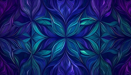 Abstract symmetrical pattern of flowing, layered shapes in deep blues and purples