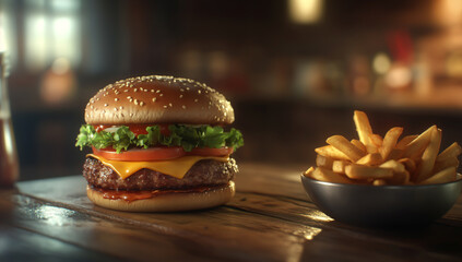 Juicy hamburger with cheese and lettuce on a wooden table