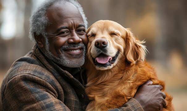 Senior Black man cuddling a dog outdoors on a walk. An elderly African American pensioner embraces a happy, fluffy golden retriever, enjoying the companionship of his furry friend, Generative AI - Powered by Adobe
