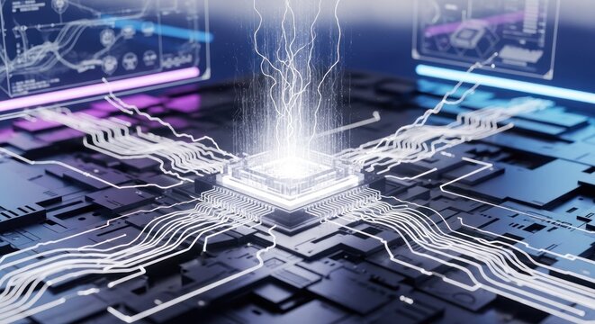 Digital circuit board with central processor and glowing lines