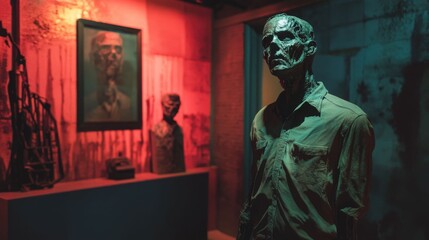 Obraz premium Spooky sculpture of a gaunt man in a dark, atmospheric horror room with dramatic red and blue lighting.