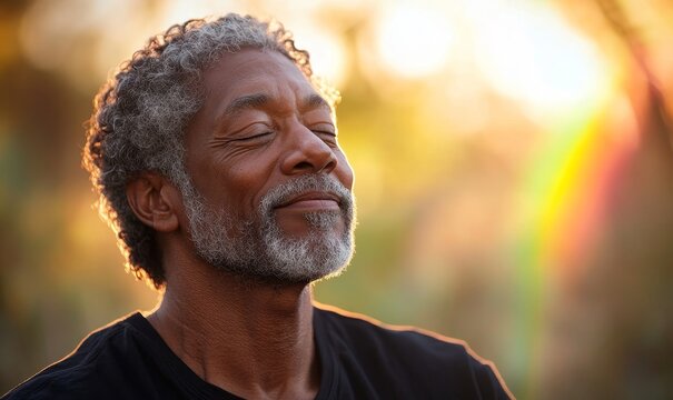 Happy senior Black man breathing fresh air outdoors in nature. The pensioner is meditating outside, practicing wellness through deep breathing during the golden hour, Generative AI