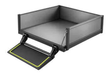 Rear cargo bay with hydraulic loading ramp and secure latching system