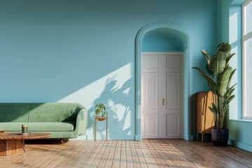 Teal living room, sunlit, modern