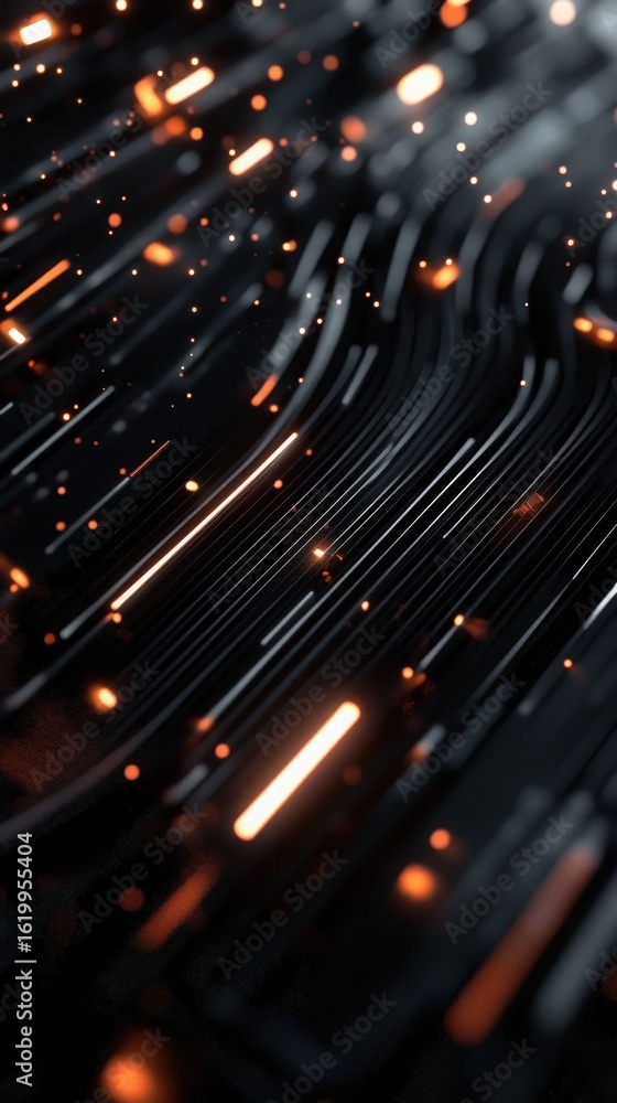 Poster abstract background of glowing orange light trails moving along dark wavy lines, a concept of futuri
