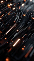 Abstract background of glowing orange light trails moving along dark wavy lines, a concept of futuristic data flow and technology.