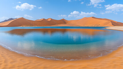 A tranquil lake reflecting a desert landscape under a partly cloudy sky.