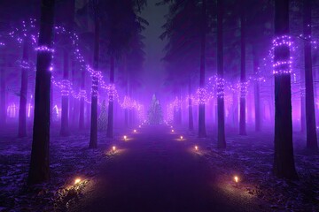 A mystical winter forest path, bathed in violet light, with string lights draped on trees