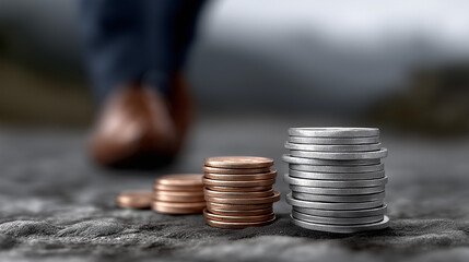 Financial Path: A visual metaphor of financial growth and progress, a person's shoes and legs are approaching stacks of coins. The image suggests the concept of investment, planning.