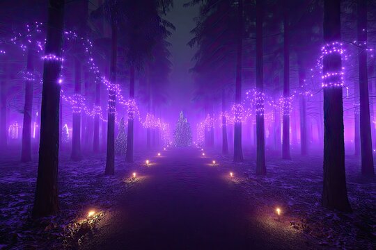 A mystical winter forest path, bathed in violet light, with string lights draped on trees - Powered by Adobe