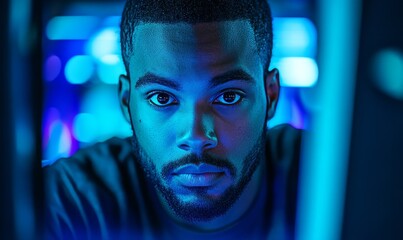 Black African American cybersecurity analyst analyzing AI cyberspace threats on a computer in a dark tech office data center, bathed in blue lighting. The male IT specialist, Generative AI