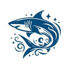 Modern shark illustration with flowing lines and starry details, ideal for aquatic themes, graphic design, and creative projects, capturing a sense of movement and energy. Vector illustration.