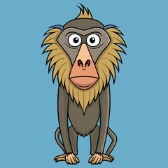 Cartoon mandrill monkey in neutral pose against a light blue background. Cute animal character in a simple. flat design for a children's book or educational material.