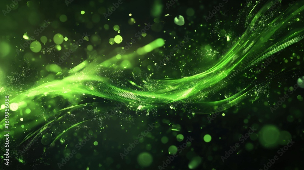Poster a dynamic flow of vibrant green energy with glowing particles and bokeh effects on a dark, abstract 